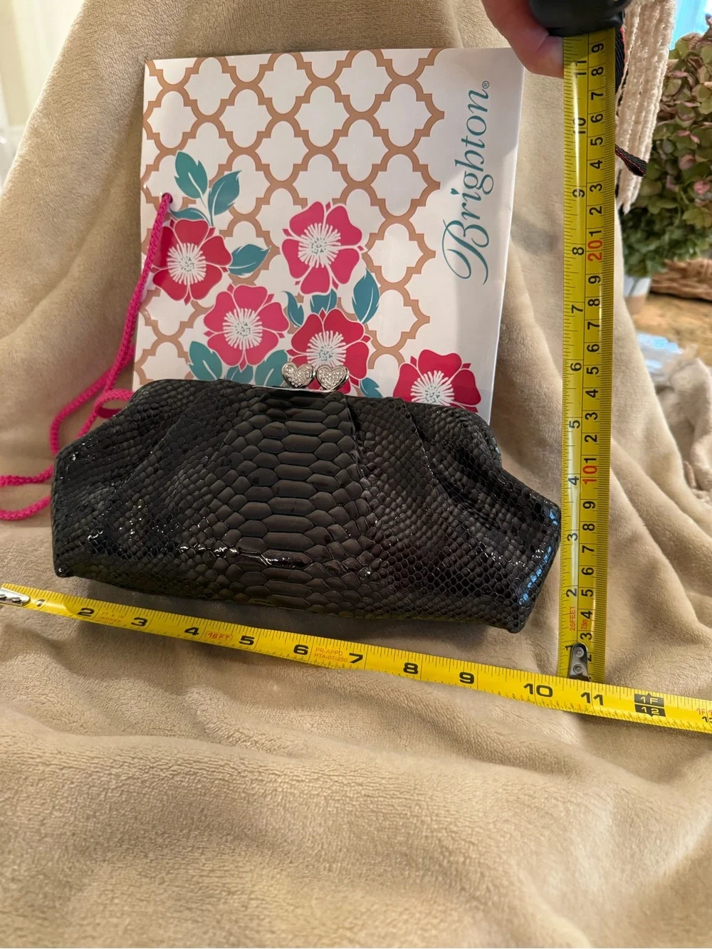 Brighton Black Faux Snakeskin Heart-Clasp Wristlet Clutch